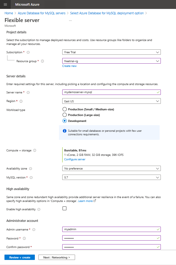 Snímek obrazovky znázorňující základní nastavení pro vytvoření instance flexibilního serveru Azure Database for MySQL