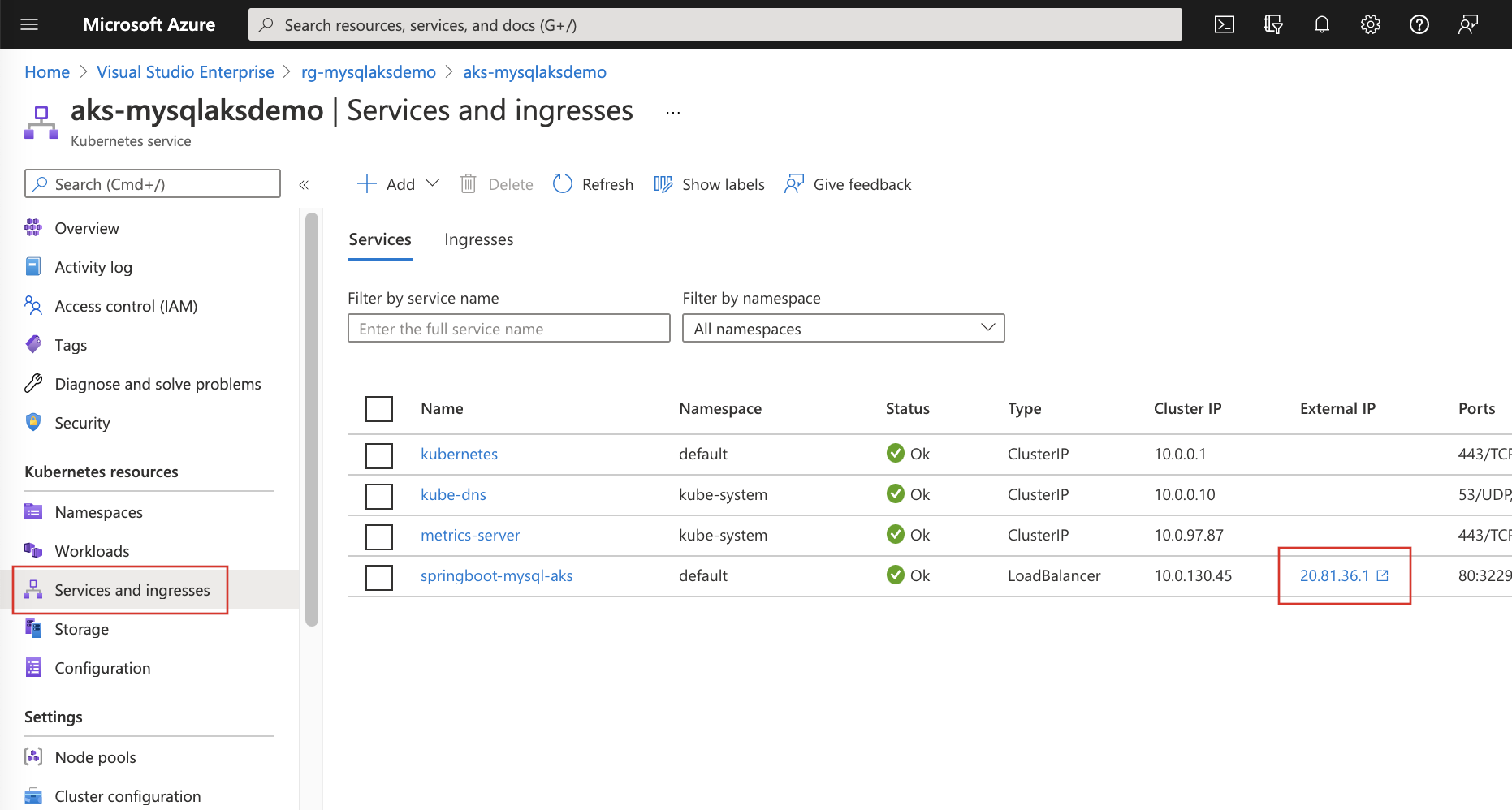 Snímek obrazovky znázorňující zobrazení azure Kubernetes pro externí IP adresu služby clusteru Azure Kubernetes