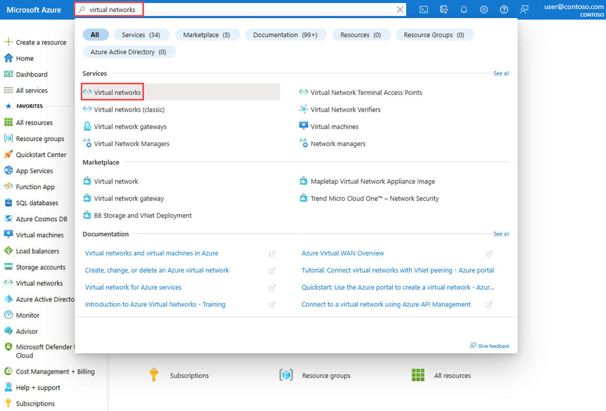 Snímek obrazovky znázorňující hledání virtuálních sítí na webu Azure Portal