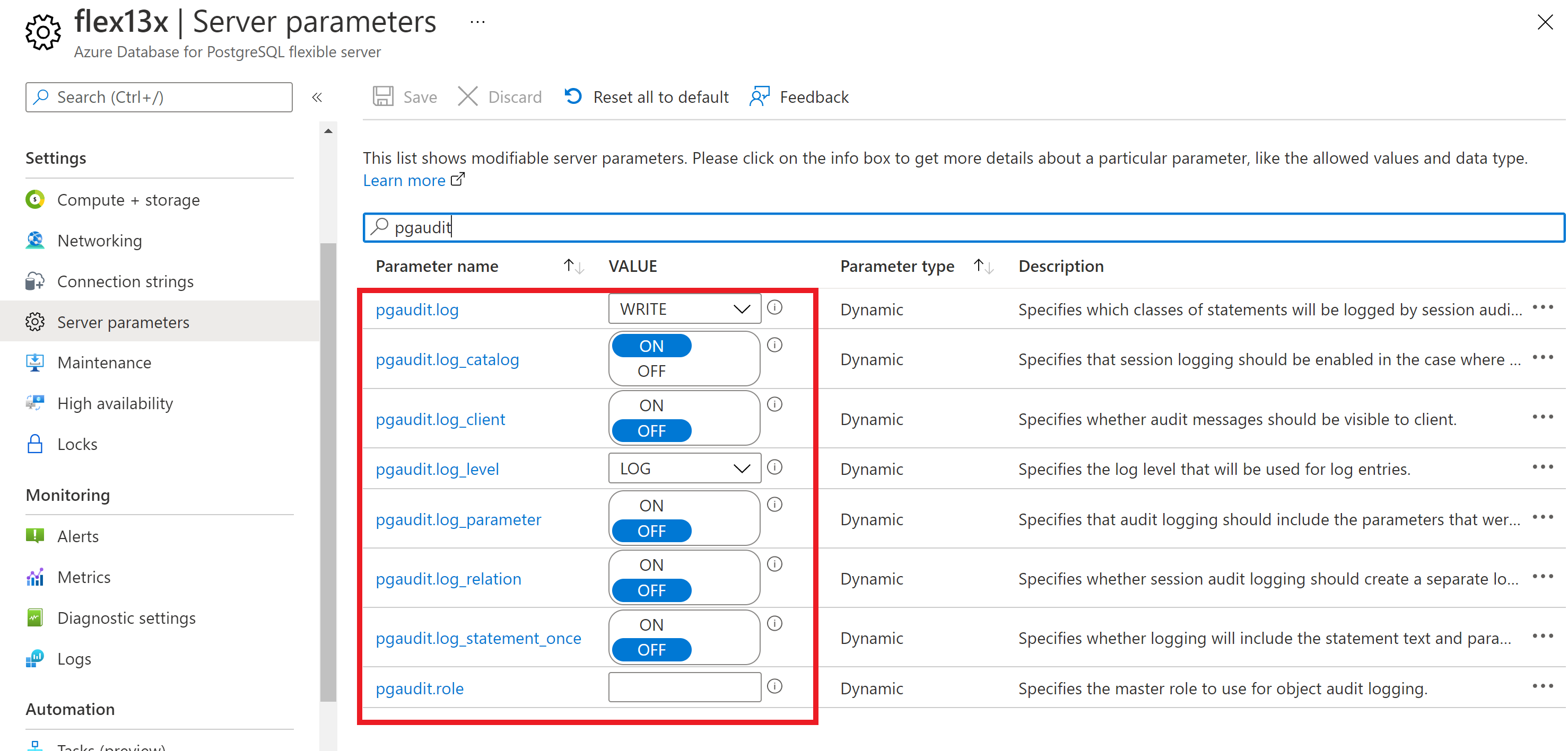 Snímek obrazovky znázorňující Azure Database for PostgreSQL – konfigurace protokolování pomocí pgaudit 