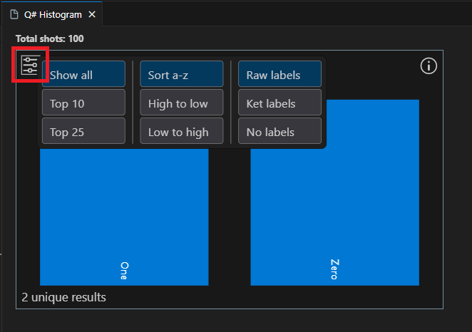 Snímek obrazovky s oknem histogramu Q# v editoru Visual Studio Code znázorňující, jak zobrazit nastavení