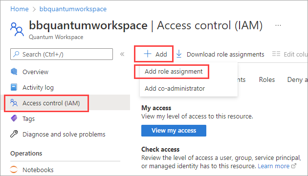 Snímek obrazovky znázorňující, jak vytvořit nové přiřazení role v pracovním prostoru Azure Quantum