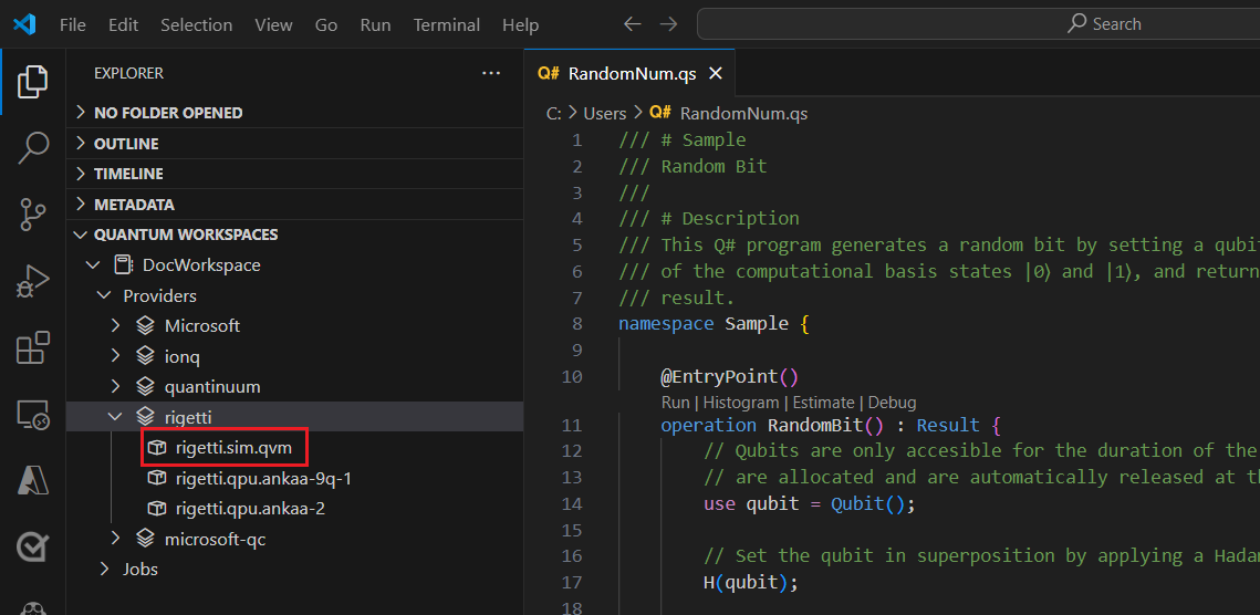 Snímek obrazovky editoru Visual Studio Code znázorňující, jak vybrat simulátor Rigetti jako target.