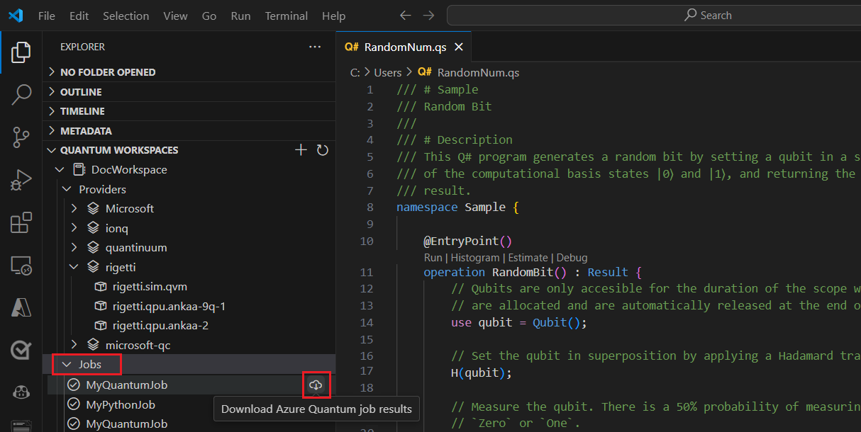 Snímek obrazovky editoru Visual Studio Code znázorňující, jak stáhnout a zobrazit výsledky kvantové úlohy