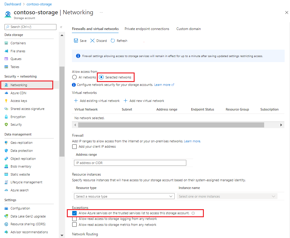 Snímek obrazovky se stránkou brány firewall a sítě pro Azure Storage na portálu