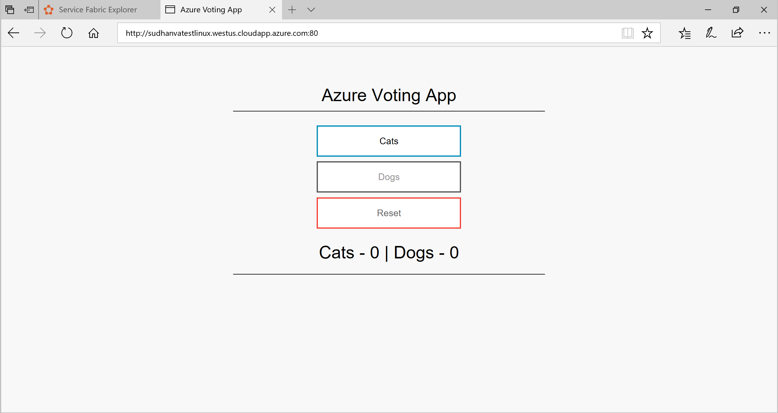 Snímek obrazovky znázorňující aplikaci Azure Voting s tlačítky pro kočky, psy a resetování a součty