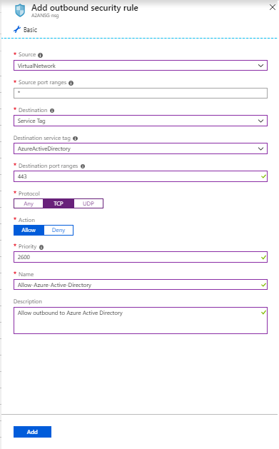 Snímek obrazovky znázorňující přidání pravidla odchozího zabezpečení pro skupinu zabezpečení sítě pro ID Microsoft Entra