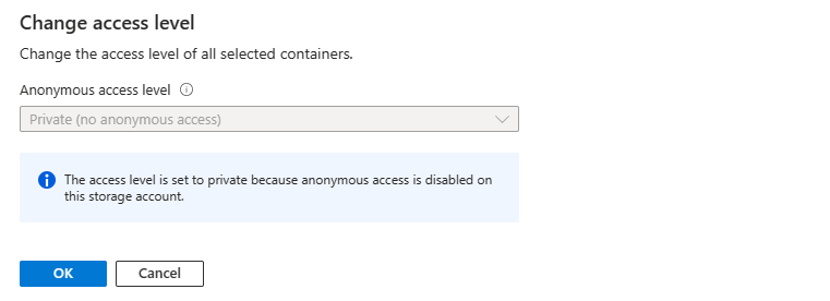Snímek obrazovky znázorňující, že nastavení úrovně anonymního přístupu kontejneru je zablokované, když je pro účet zakázaný anonymní přístup