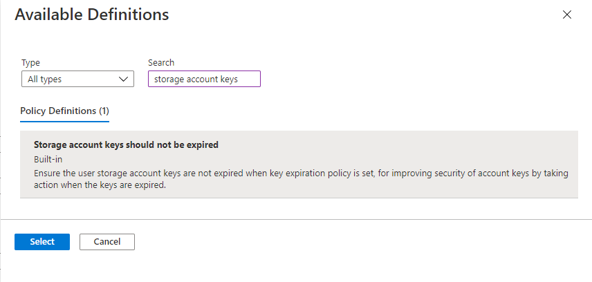 Snímek obrazovky znázorňující, jak vybrat předdefinované zásady pro monitorování intervalů obměny klíčů pro účty úložiště