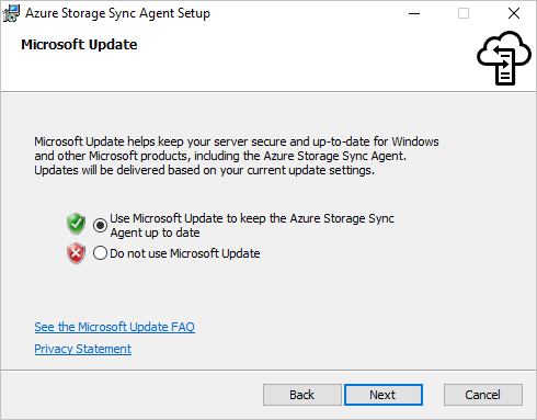 Ujistěte se, že je v podokně Microsoft Update instalačního programu agenta Synchronizace souborů Azure povolená služba Microsoft Update.