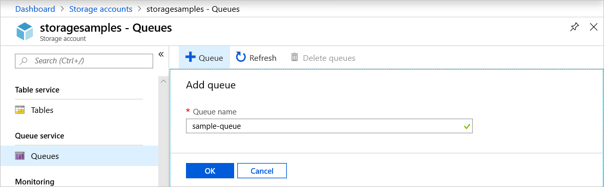 Snímek obrazovky znázorňující, jak vytvořit frontu v Azure Portal