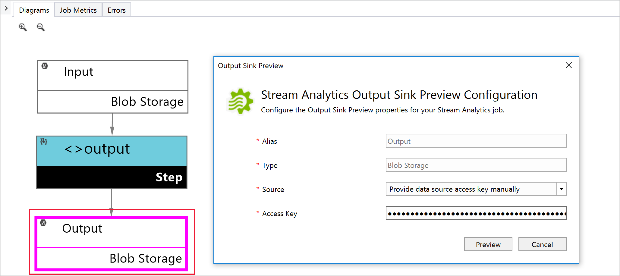 Výstup objektu blob úlohy Stream Analytics