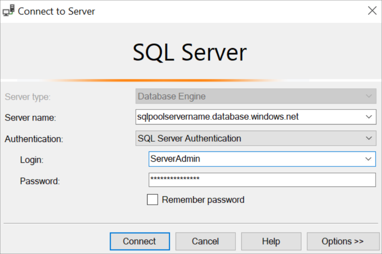 Snímek obrazovky aplikace SQL Server Management Studio (SSMS). Připojte se k serveru.