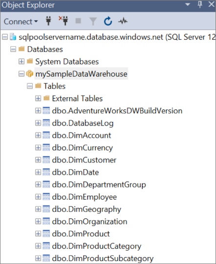 Snímek obrazovky aplikace SQL Server Management Studio (SSMS) zobrazující databázové objekty v Průzkumník objektů