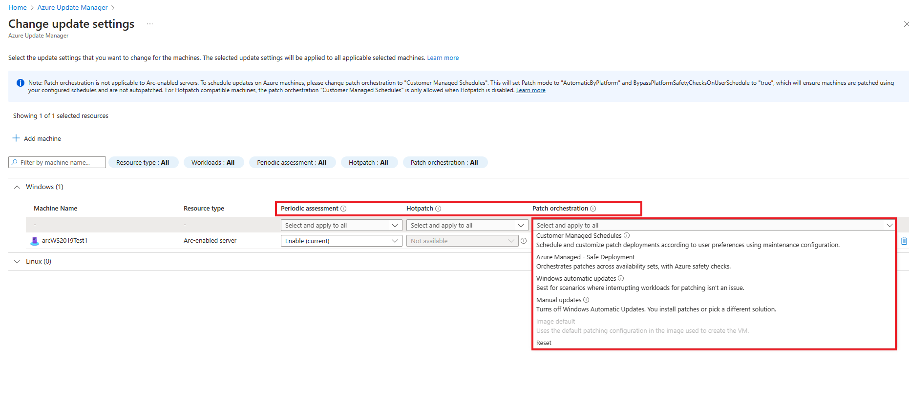 Snímek obrazovky znázorňující zvýraznění nastavení aktualizace pro změnu možnosti na webu Azure Portal