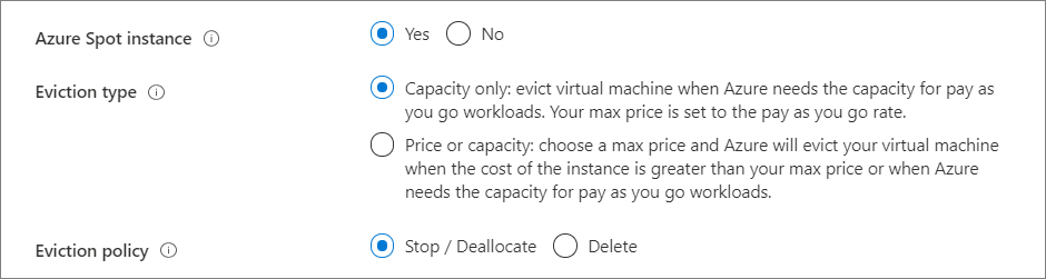 Snímek obrazovky pro volbu ano, použití spotové instance Azure