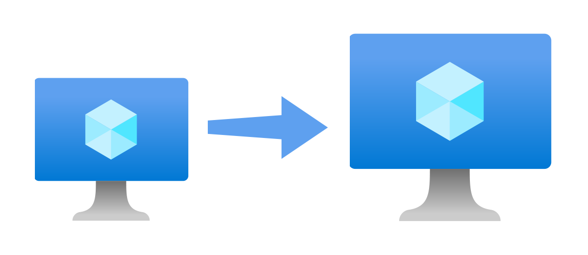 Diagram znázorňující menší ikonu virtuálního počítače Azure s rostoucí šipkou ukazující na novou větší ikonu virtuálního počítače Azure