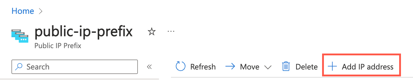 Snímek obrazovky s přidáním IP adresy do předpony veřejné IP adresy v Azure Portal