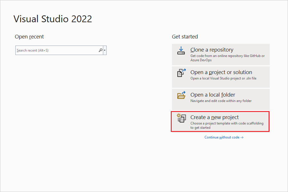 Snímek obrazovky s dialogovým oknem, které se zobrazí při spuštění sady Visual Studio 2022