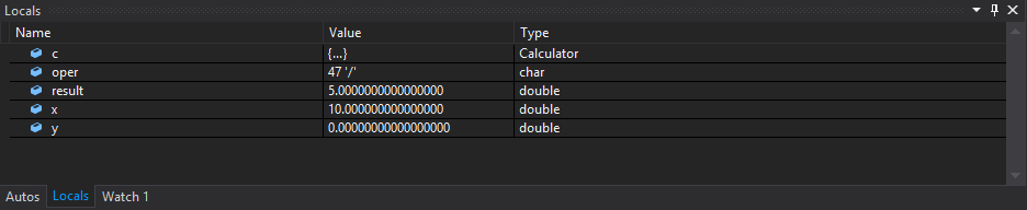 Snímek obrazovky s oknem Místní hodnoty v sadě Visual Studio zobrazující aktuální hodnoty místních proměnných při ladění