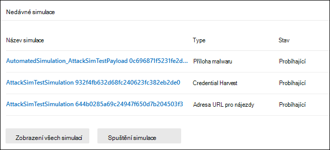 Karta Nedávné simulace na kartě Přehled v Simulační nácvik útoku na portálu Microsoft Defender.