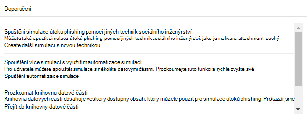 Karta Doporučení na kartě Přehled v Simulační nácvik útoku na portálu Microsoft Defender.