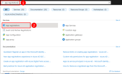 Snímek obrazovky znázorňující, jak pomocí horního panelu hledání na webu Azure Portal najít a přejít na Registrace aplikací stránku