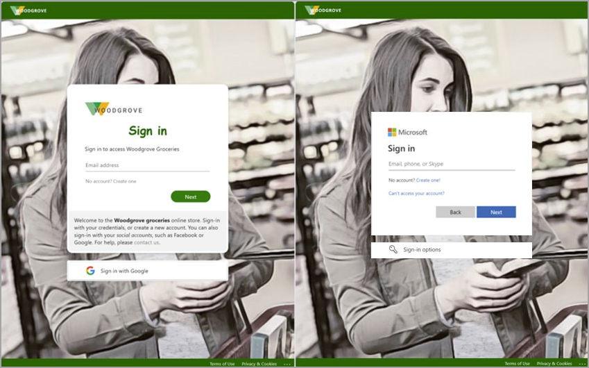 Snímek obrazovky s porovnáním prostředí branded sign-in a výchozího přihlašování