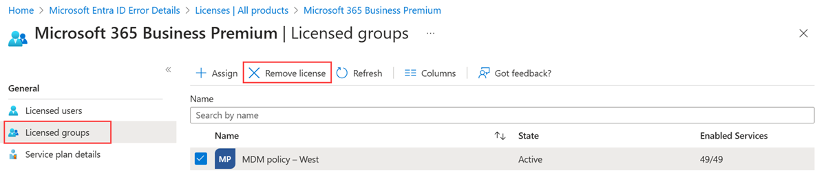 Snímek obrazovky se stránkou Licencované skupiny se zvýrazněnou možností Odebrat licenci 2