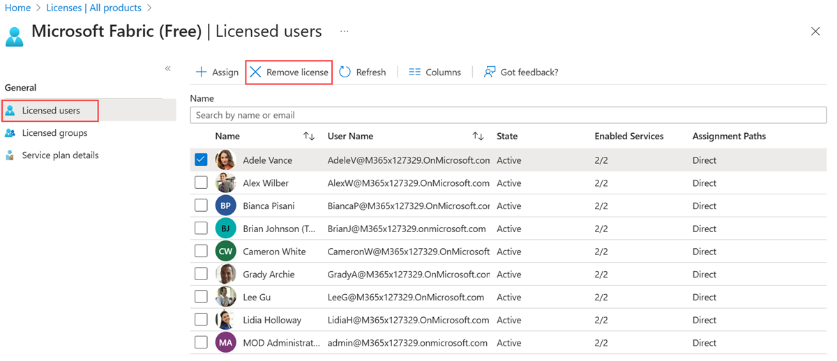 Snímek obrazovky se stránkou Licencovaní uživatelé se zvýrazněnou možností Odebrat licenci