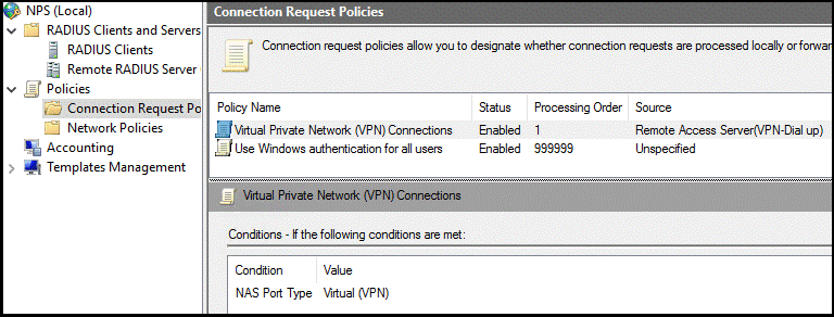 Zásady žádosti o připojení zobrazující zásady připojení VPN