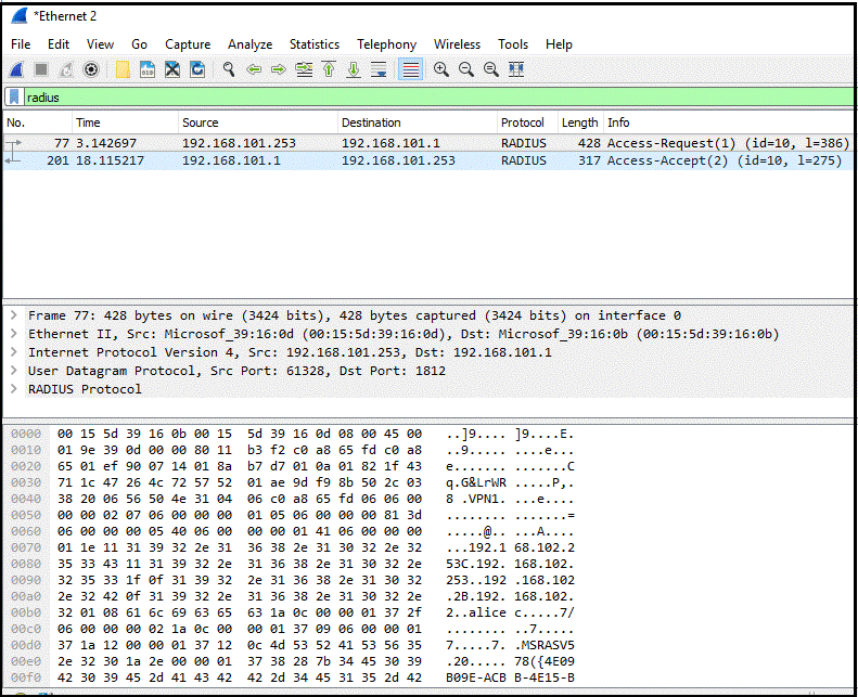 Microsoft Message Analyzer zobrazující filtrovaný provoz