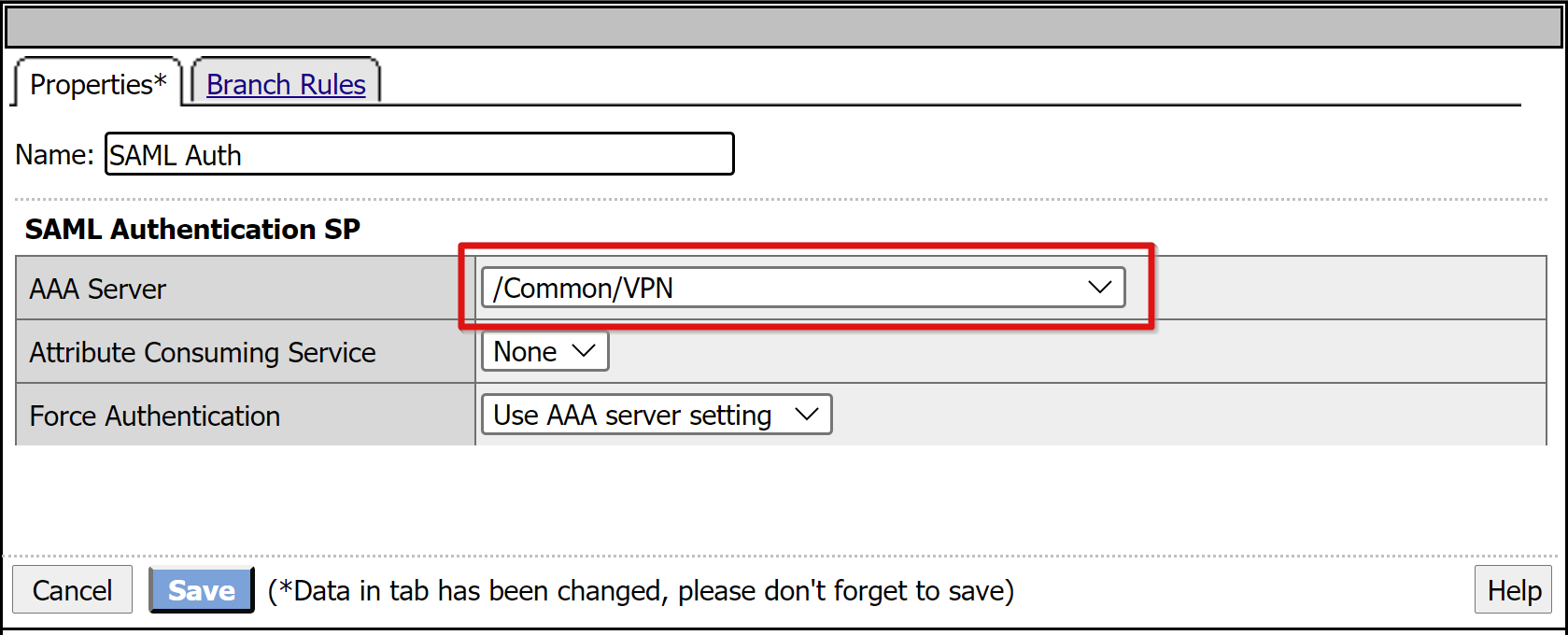 Snímek obrazovky s položkou Serveru AAA v části SAML Authentication SP na kartě Vlastnosti