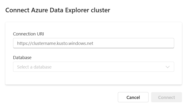 Snímek obrazovky s oknem připojení s identifikátorem URI clusteru Azure Data Exploreru Tlačítko Připojit cluster je zvýrazněné.