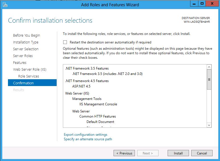 Screenshot of Confirm installation selections displaying a list of all features that are installed if changes accepted with confirmation highlighted.