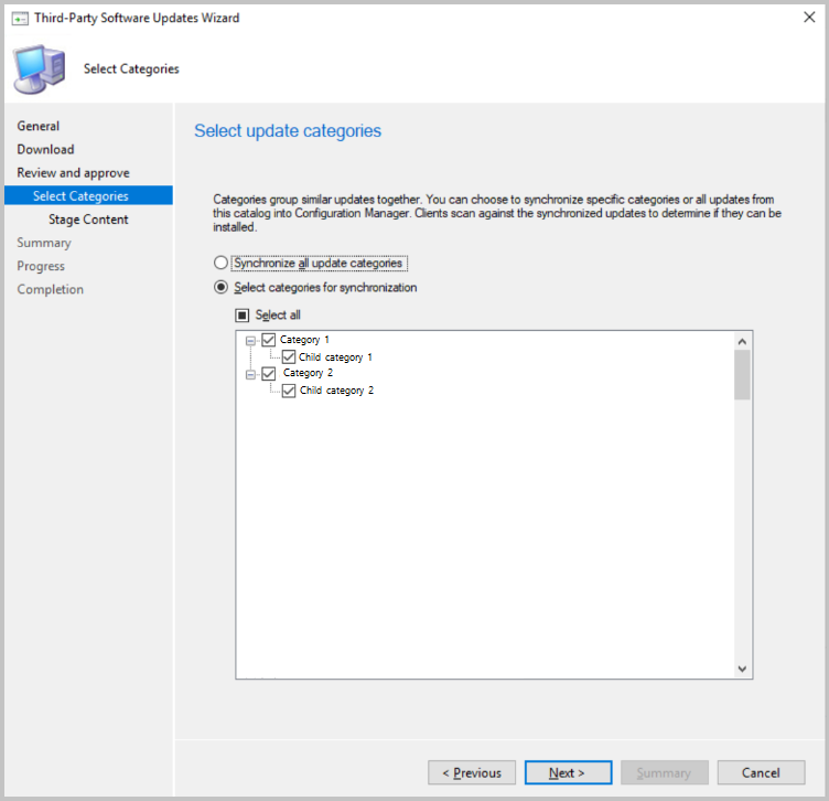 Vyberte kategorie aktualizací, které se mají synchronizovat do nástroje Configuration Manager.