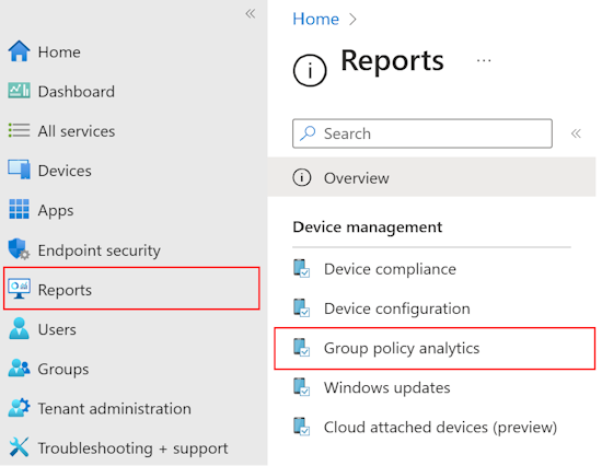 Snímek obrazovky, který ukazuje, jak zkontrolovat sestavu a výstup importovaných objektů zásad skupiny pomocí analýzy zásad skupiny v Microsoft Intune a Centru pro správu Intune