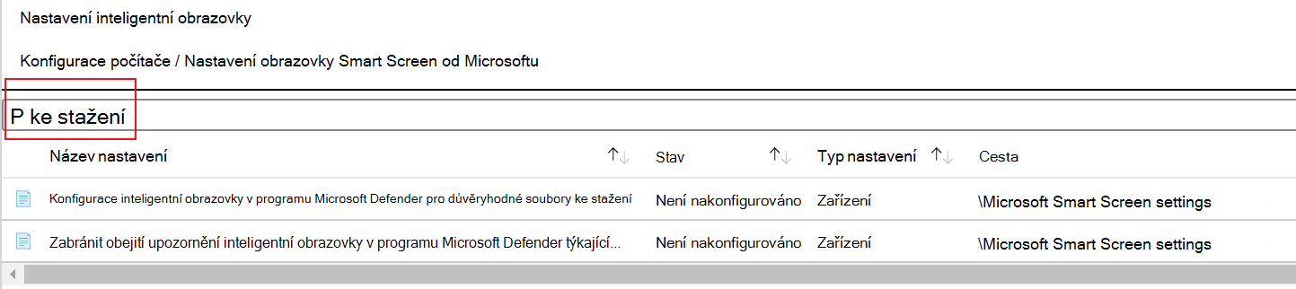 Snímek obrazovky, který ukazuje, jak filtrovat nastavení zásad SmartScreen pro Microsoft Edge v šabloně Microsoft Intune ADMX