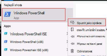 Snímek obrazovky, který ukazuje, jak spustit Windows PowerShell jako správce