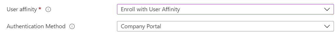 V Centru pro správu Intune a Microsoft Intune zaregistrujte zařízení s iOS/iPadOS pomocí automatizované registrace zařízení (ADE). Vyberte Zaregistrovat s přidružením uživatele a k ověřování použijte aplikaci Portál společnosti.