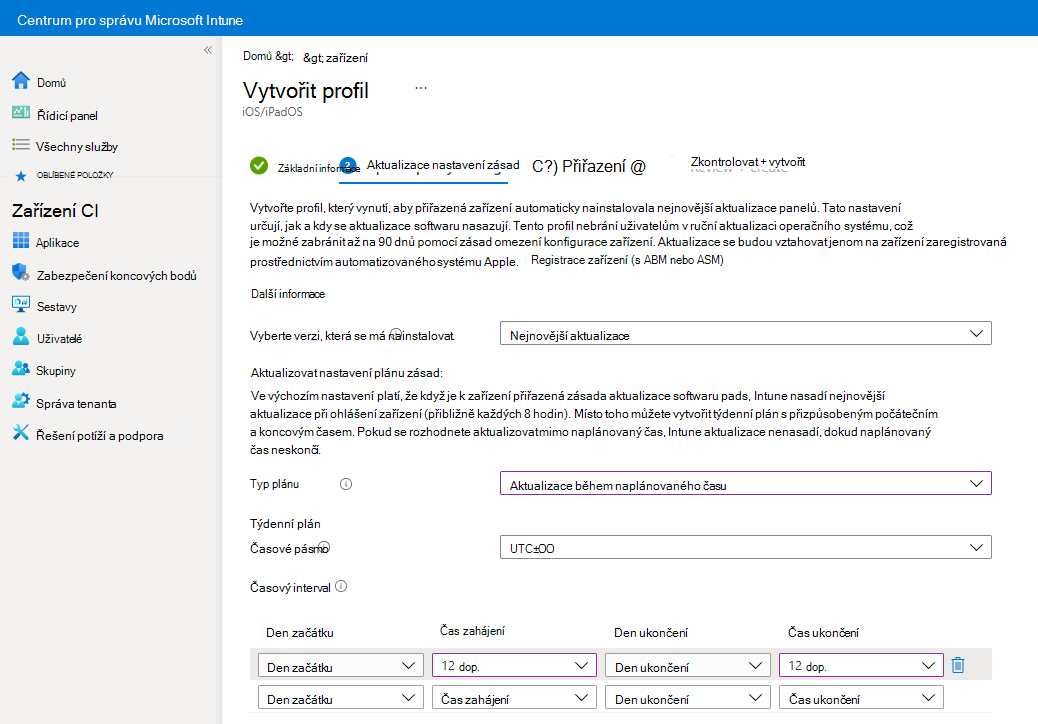 Snímek obrazovky znázorňující výběr instalace aktualizace během naplánovaného času v zásadách aktualizace v Microsoft Intune