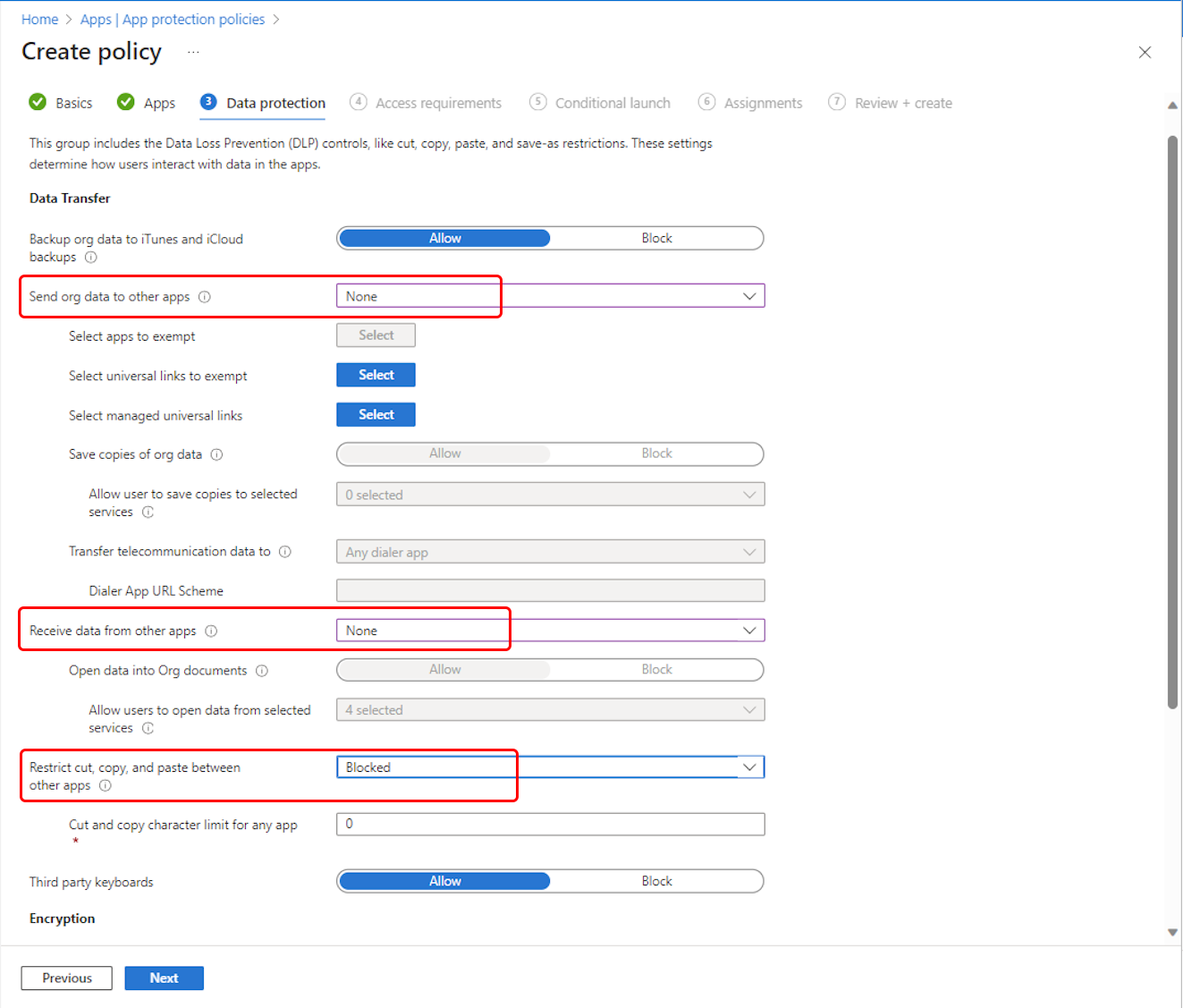 Vyberte nastavení přemístění dat v zásadách ochrany aplikací Outlook.