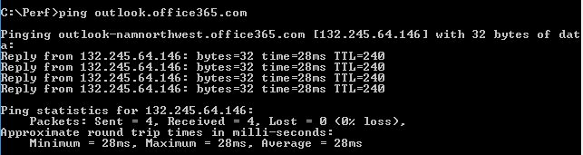 Ping outlook.office365.com zobrazující rozlišení v outlook-namnorthwest