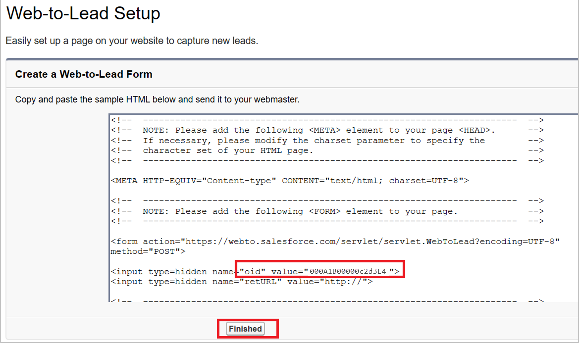 Salesforce Vytvoří formulář typu Web-to-Lead s hodnotou oid HTML.