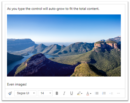 Snímek obrazovky, který ilustruje, že zadáním do oblasti formátovaného textu nebo vložením obrázku se obrázek zvětší tak, aby odpovídal obsahu.