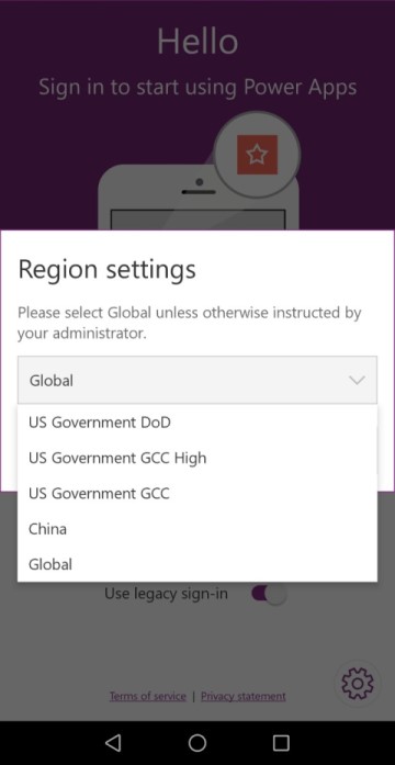 Při přihlašování do mobilní aplikace Power Apps vyberte region