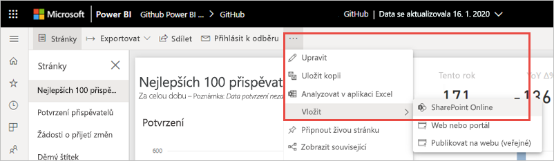 Snímek obrazovky zobrazující nabídku Další možnosti se zvýrazněnou možností SharePointu Online