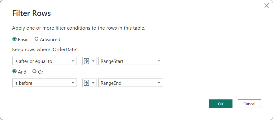 Filter rows dialog showing Range Start and Range End conditions.