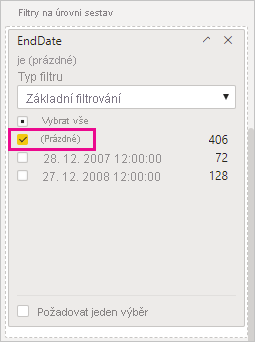 Snímek obrazovky znázorňující základní filtrování pro filtry na této stránce