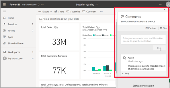 Screenshot showing a dashboard with the Comments section outlined.